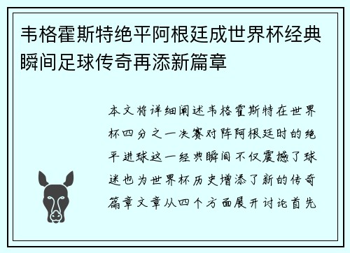 韦格霍斯特绝平阿根廷成世界杯经典瞬间足球传奇再添新篇章